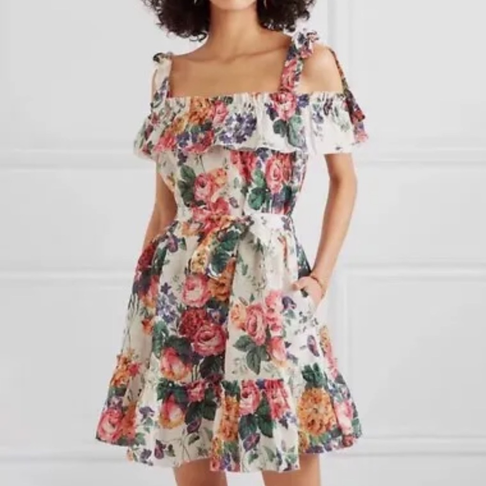 ZIMMERMANN “Allia” tie shoulder floral linen mini dress (Z3)